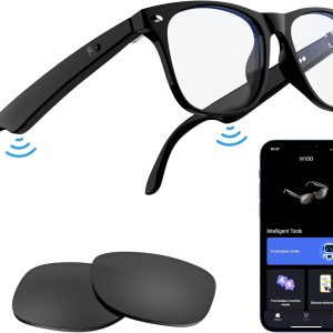 Anpress Smart Glasses with AI Translation for Men Women, 6.0 Bluetooth Music Glasses with Real-Time Translator for 164 Languages, Anti-Blue Light/UV400 Lenses, Open-Ear Clear Sound, Remote Photography