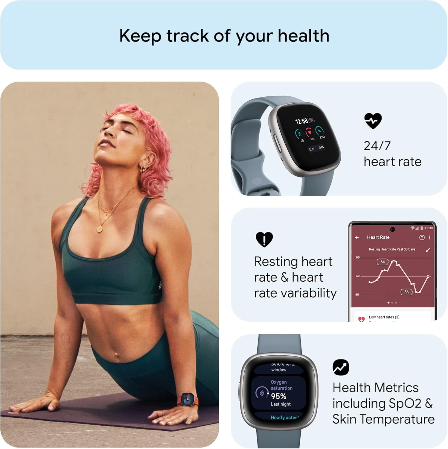 Fitbit Versa 4 Fitness Smartwatch with Daily Readiness, GPS, 24/7 Heart Rate, 40+ Exercise Modes, Sleep Tracking and more, Waterfall Blue/Platinum, One Size (S & L Bands Included)